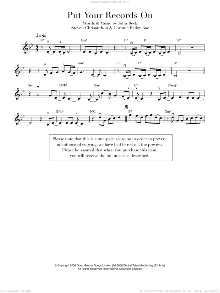 Put Your Records On sheet music for violin solo by Corinne Bailey Rae, John Beck and Steven Chrisanthou, intermediate skill level