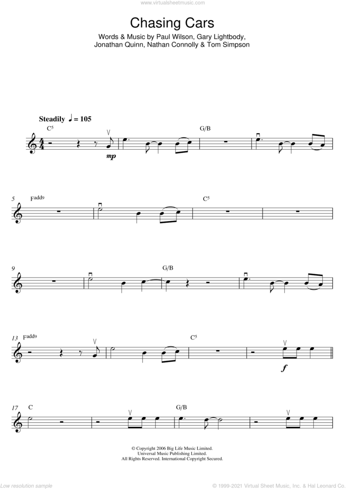 Chasing Cars sheet music for violin solo by Snow Patrol, Gary Lightbody, Jonathan Quinn, Nathan Connolly, Paul Wilson and Tom Simpson, intermediate skill level