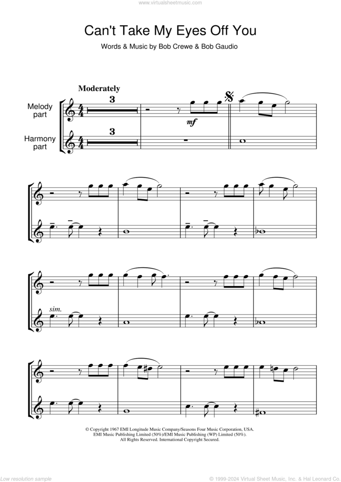 Can't Take My Eyes Off Of You sheet music for flute solo by Andy Williams, Frankie Valli, Frankie Valli & The Four Seasons, Muse, The Four Seasons, Bob Crewe and Bob Gaudio, wedding score, intermediate skill level