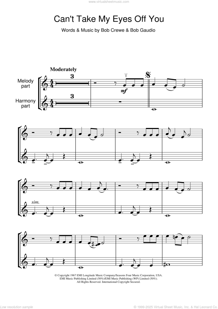 Can't Take My Eyes Off Of You sheet music for violin solo by Andy Williams, Frankie Valli, Frankie Valli & The Four Seasons, Muse, The Four Seasons, Bob Crewe and Bob Gaudio, wedding score, intermediate skill level