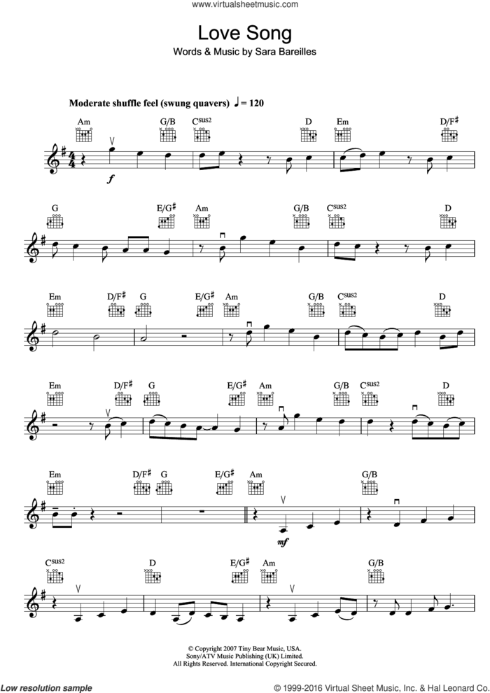Love Song sheet music for violin solo by Sara Bareilles, intermediate skill level