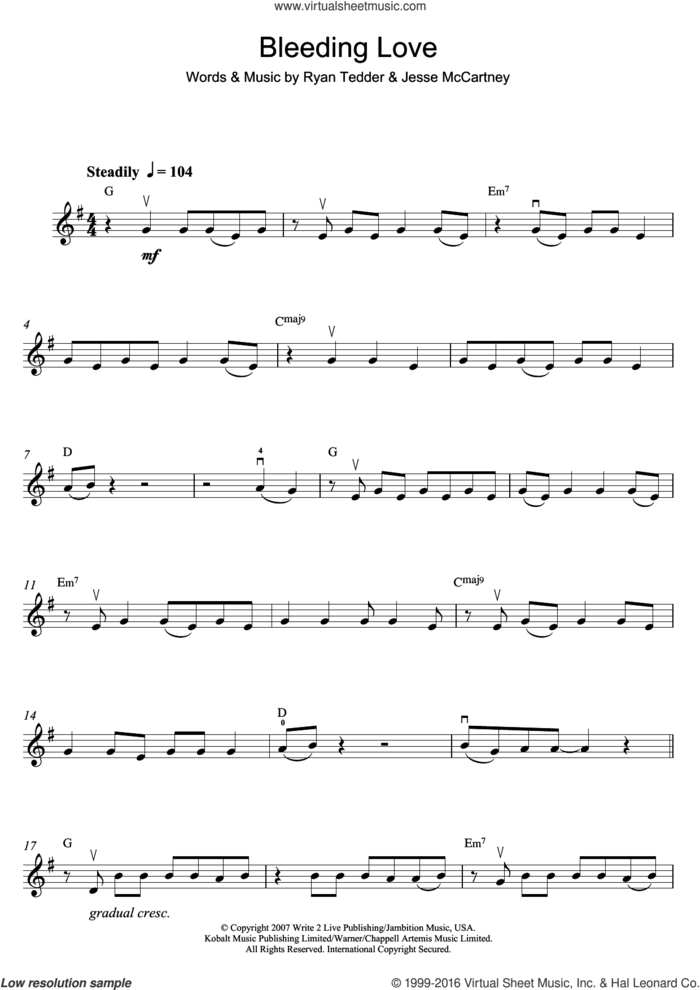 Bleeding Love sheet music for violin solo by Leona Lewis, Jesse McCartney and Ryan Tedder, intermediate skill level