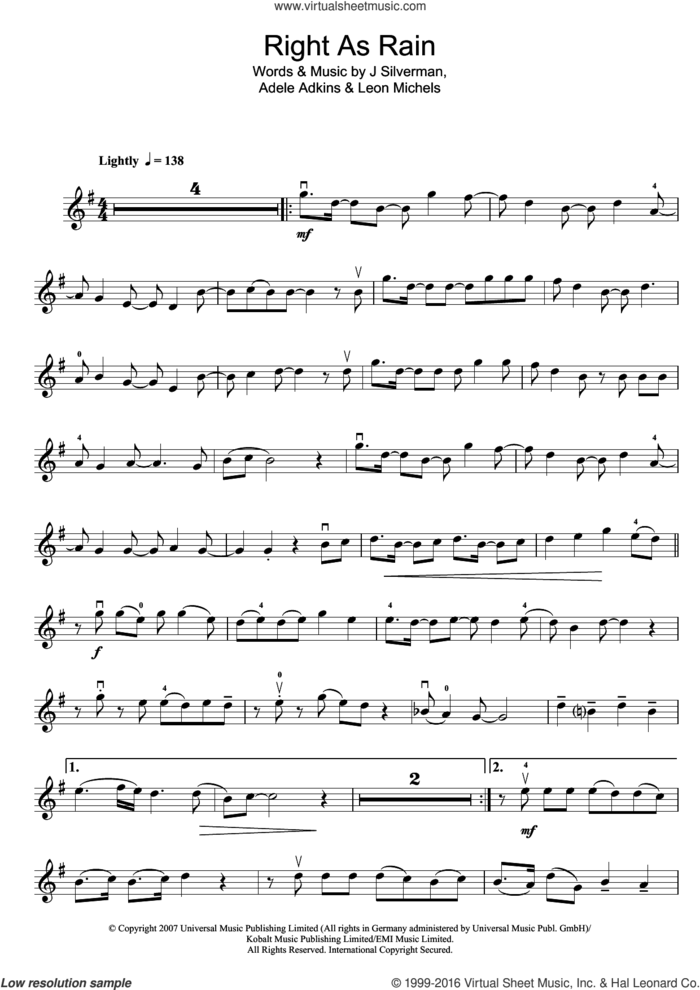 Right As Rain sheet music for violin solo by Adele, J Silverman and Leon Michels, intermediate skill level