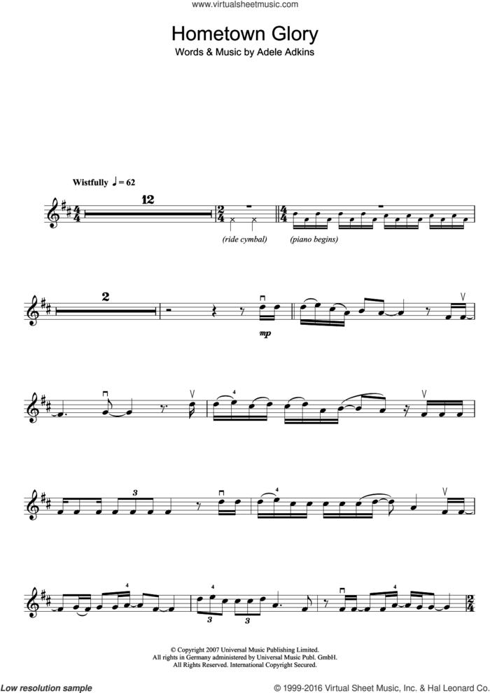 Hometown Glory sheet music for violin solo by Adele, intermediate skill level