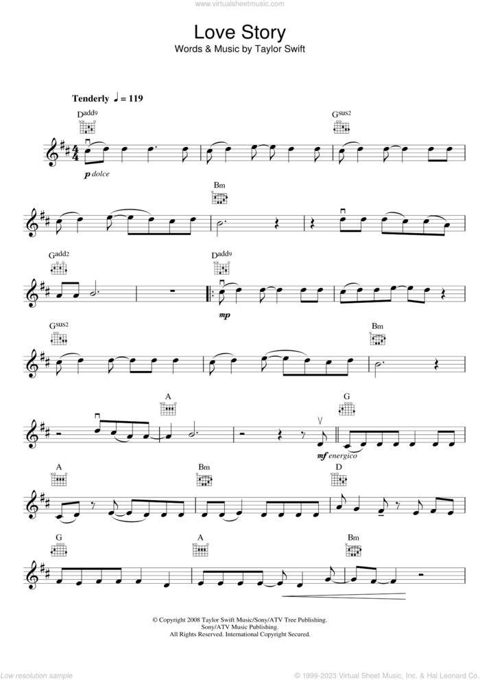 Love Story sheet music for violin solo by Taylor Swift, intermediate skill level