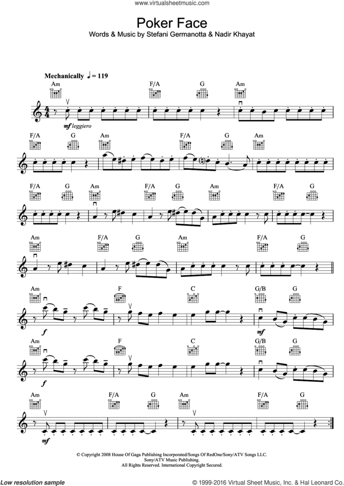 Poker Face sheet music for violin solo by Lady Gaga and Nadir Khayat, intermediate skill level