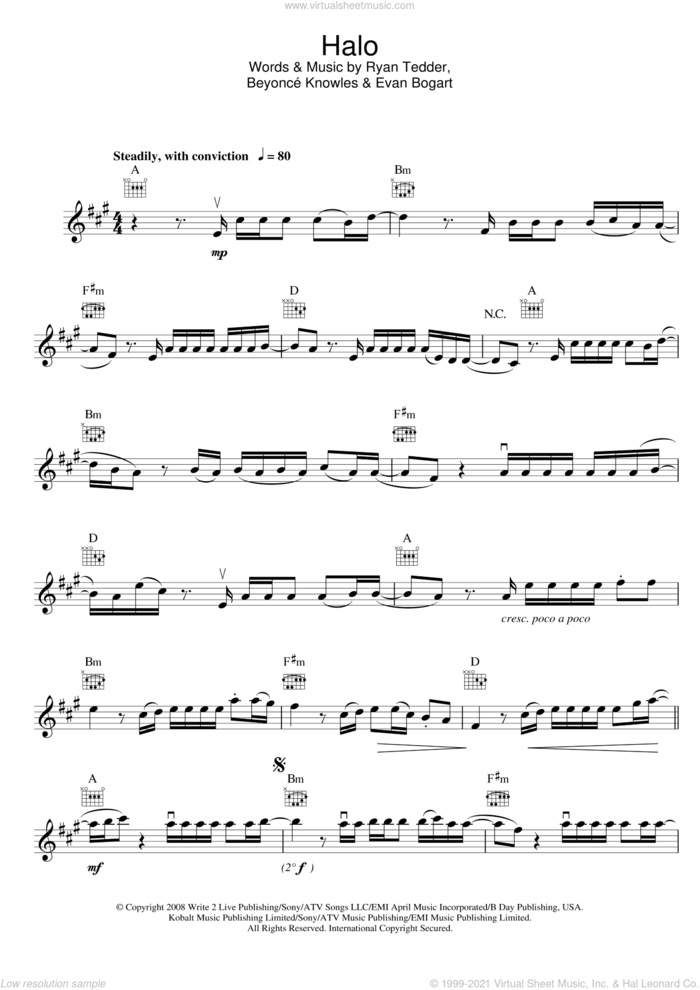 Halo sheet music for violin solo by Beyonce, Evan Kidd Bogart and Ryan Tedder, intermediate skill level