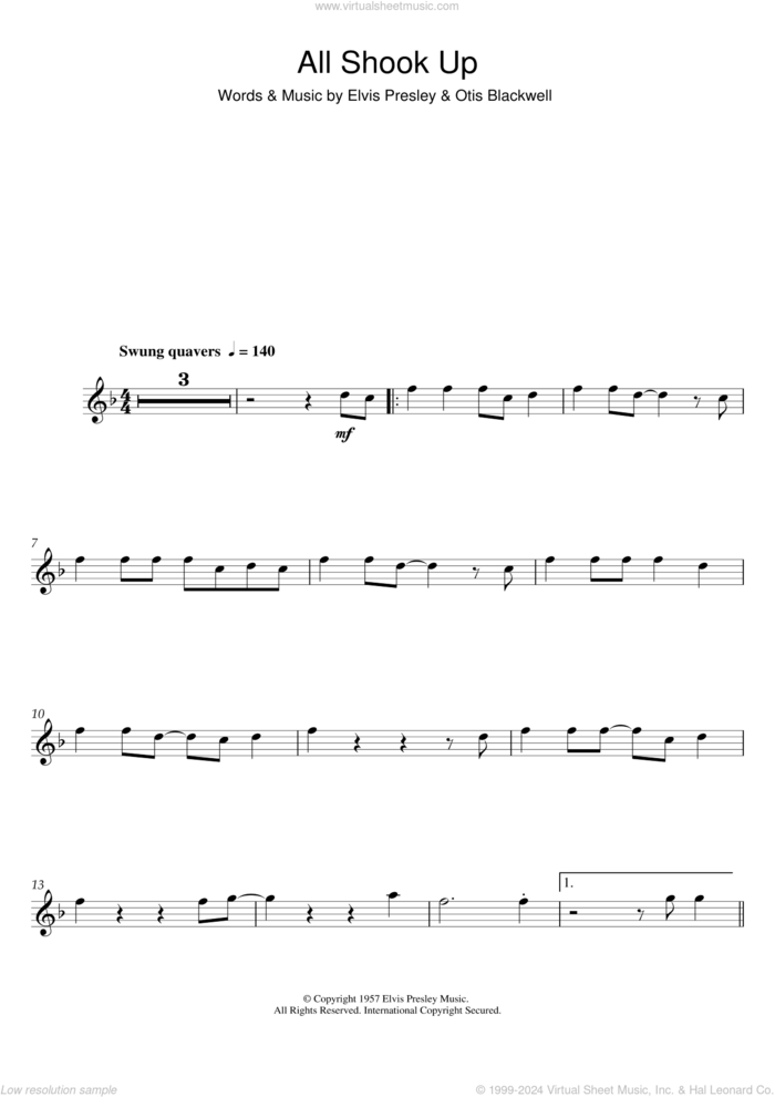 All Shook Up sheet music for flute solo by Elvis Presley and Otis Blackwell, intermediate skill level