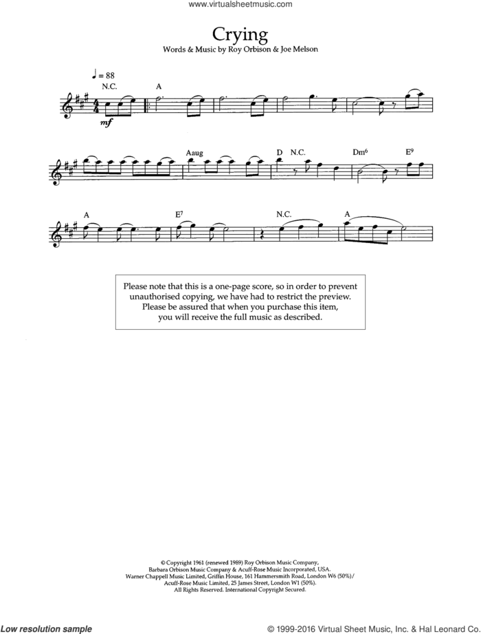 Crying sheet music for flute solo by Roy Orbison and Joe Melson, intermediate skill level
