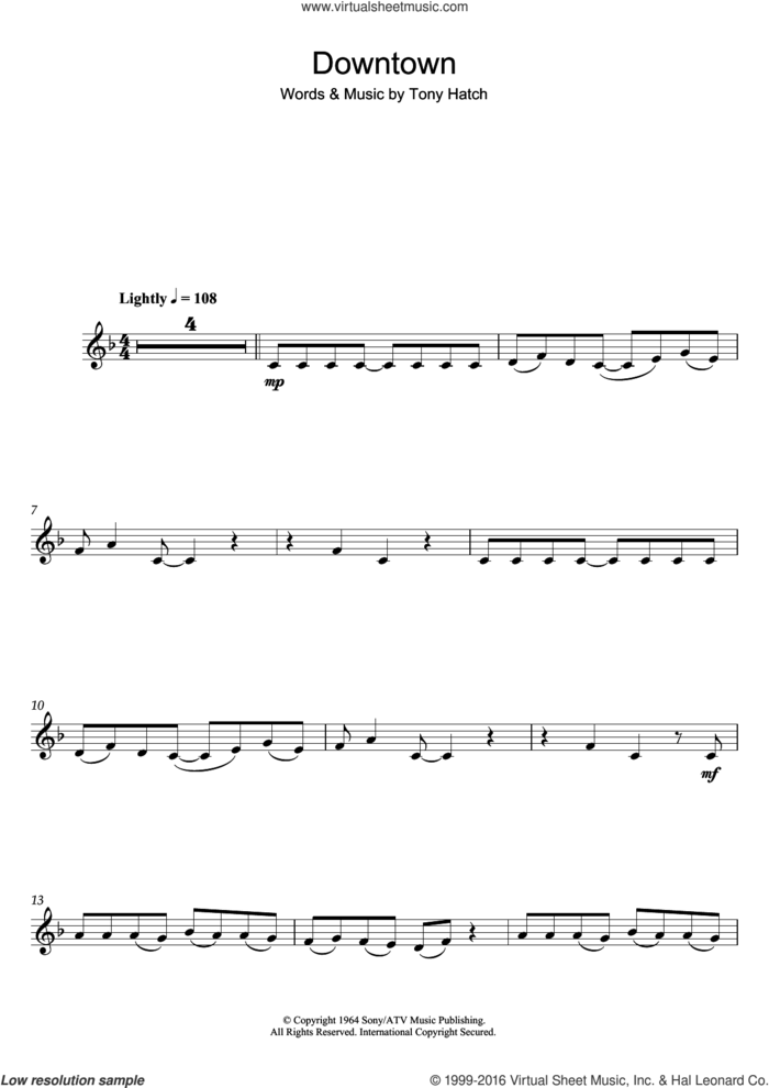Downtown sheet music for clarinet solo by Petula Clark and Tony Hatch, intermediate skill level