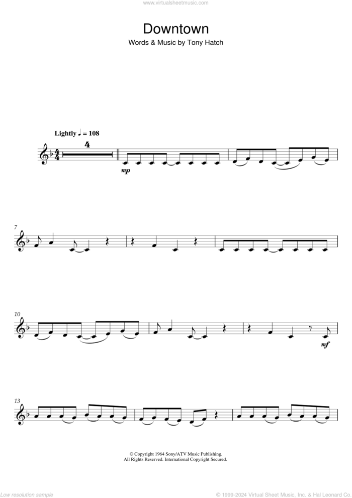 Downtown sheet music for clarinet solo by Petula Clark and Tony Hatch, intermediate skill level