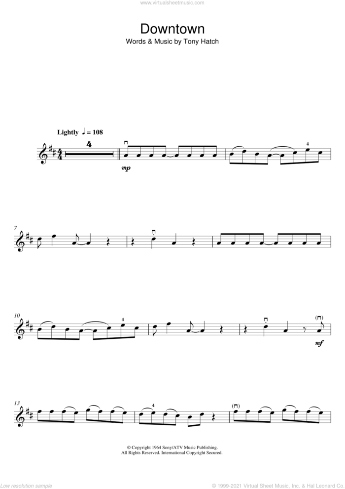 Downtown sheet music for violin solo by Petula Clark and Tony Hatch, intermediate skill level