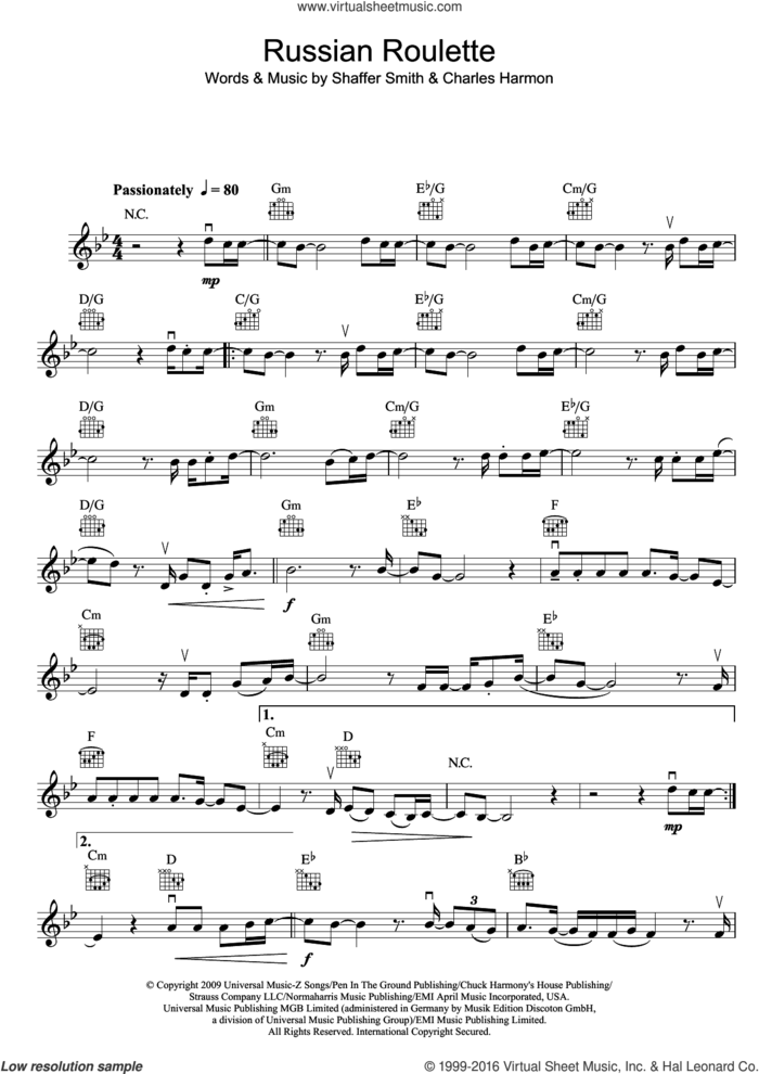 Russian Roulette sheet music for violin solo by Rihanna, Charles Harmon and Shaffer Smith, intermediate skill level