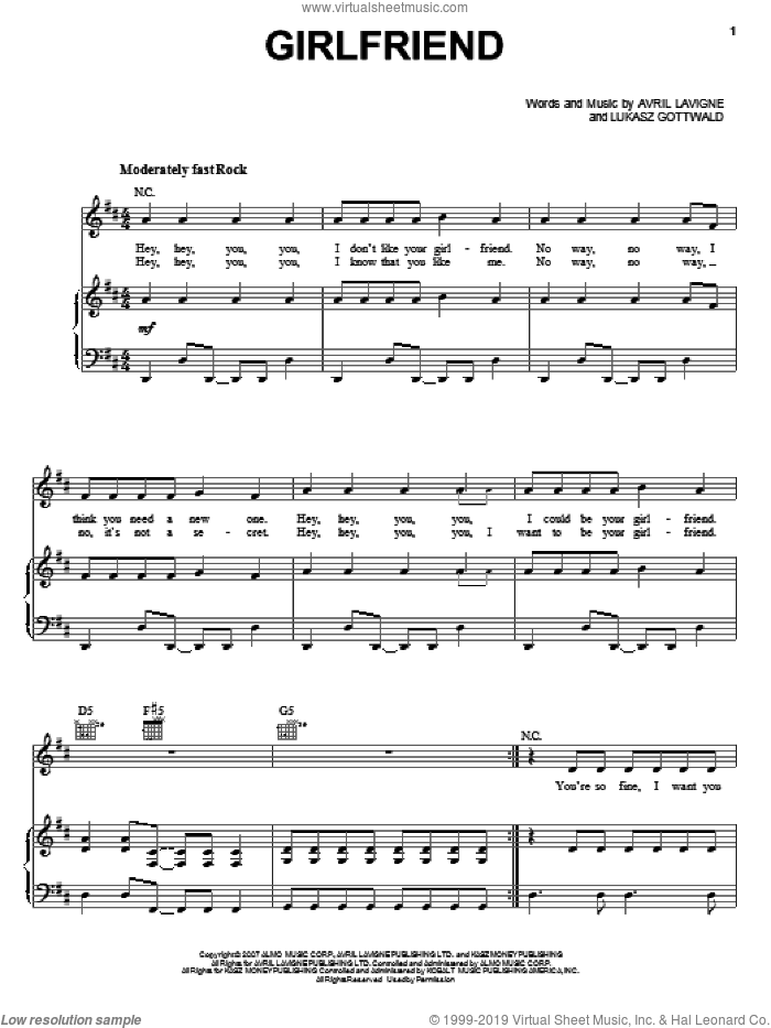 Girlfriend sheet music for voice, piano or guitar by Avril Lavigne and Lukasz Gottwald, intermediate skill level