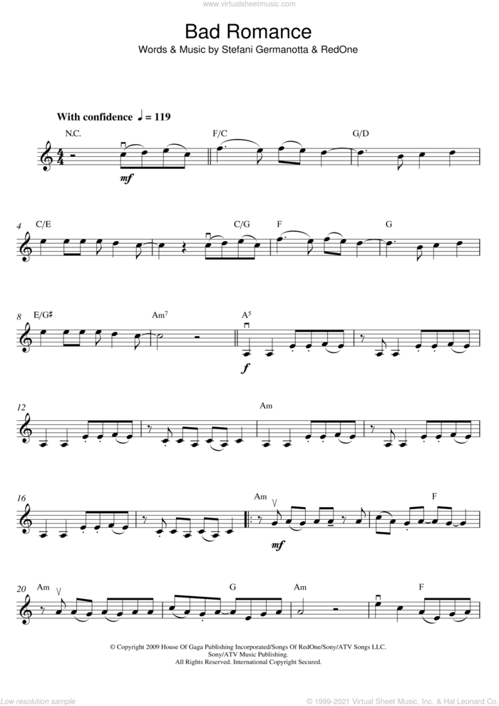 Bad Romance sheet music for violin solo by Lady Gaga and RedOne, intermediate skill level
