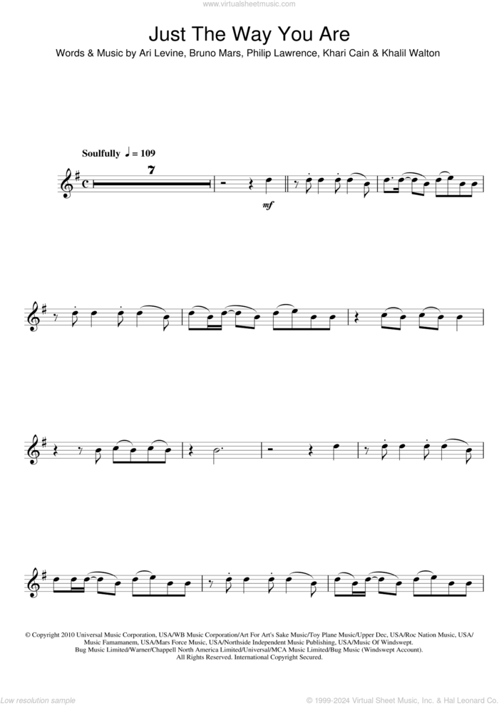 Just The Way You Are sheet music for clarinet solo by Bruno Mars, Ari Levine, Khalil Walton, Khari Cain and Philip Lawrence, wedding score, intermediate skill level