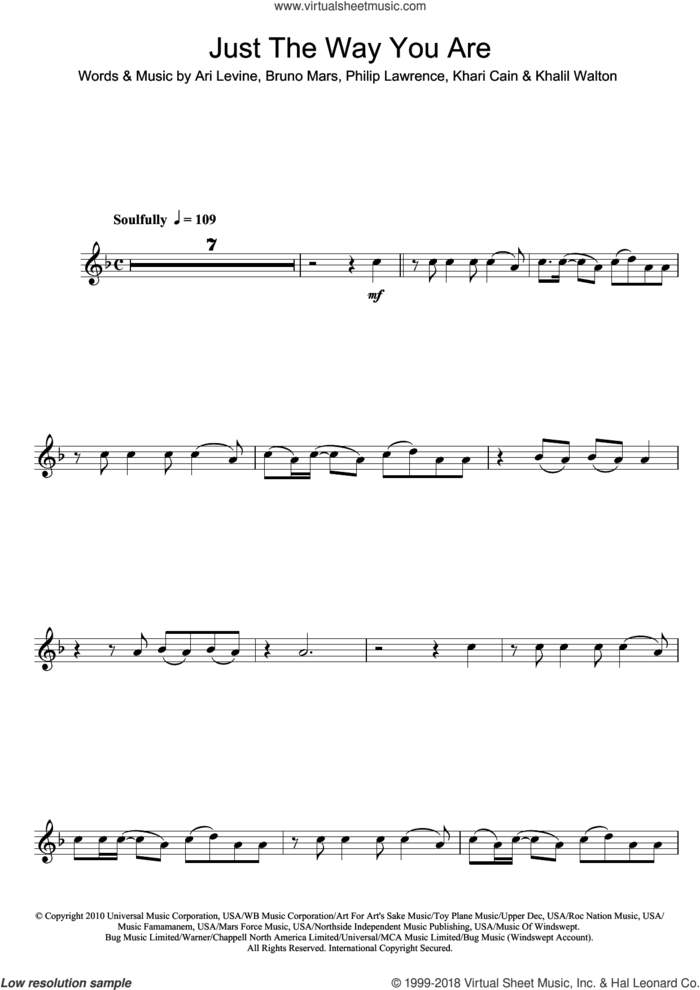 Just The Way You Are sheet music for flute solo by Bruno Mars, Ari Levine, Khalil Walton, Khari Cain and Philip Lawrence, wedding score, intermediate skill level
