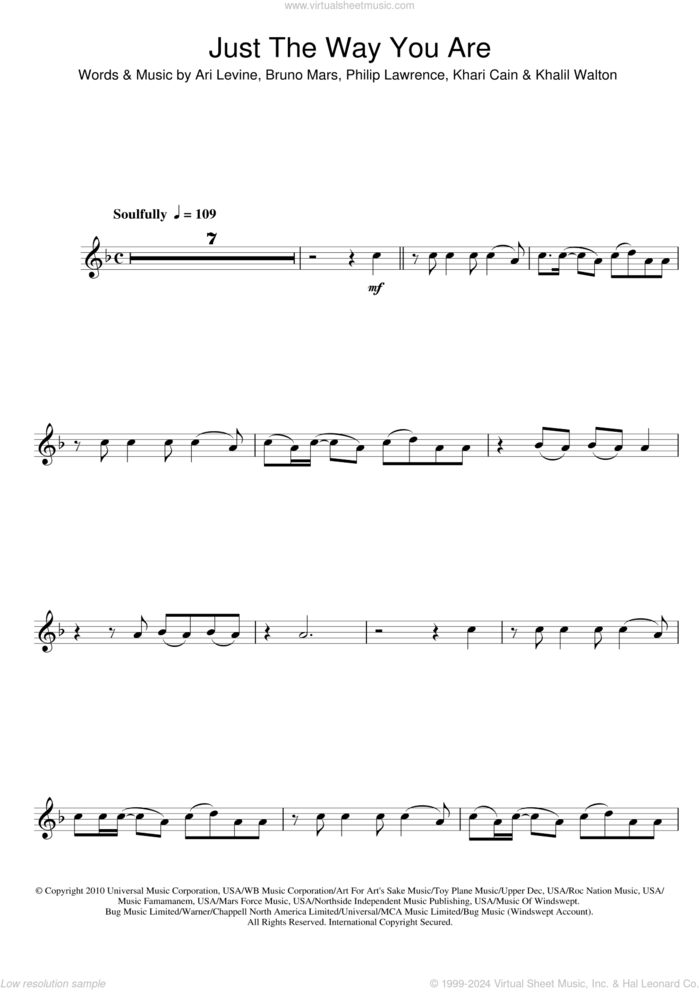 Just The Way You Are sheet music for flute solo by Bruno Mars, Ari Levine, Khalil Walton, Khari Cain and Philip Lawrence, wedding score, intermediate skill level