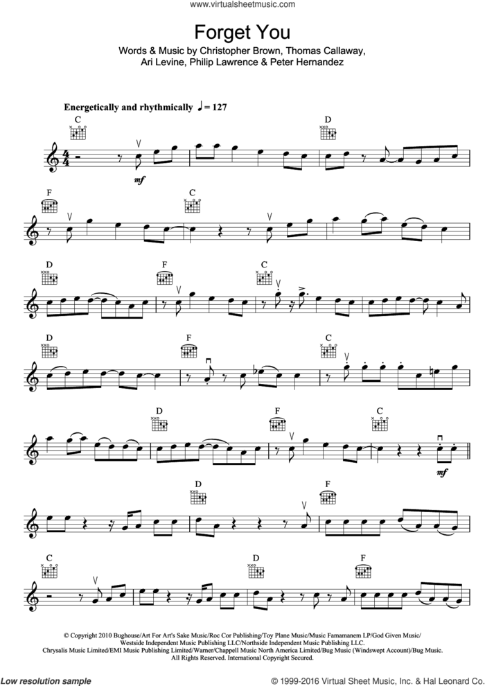 Forget You sheet music for violin solo by Cee Lo Green, Ari Levine, Chris Brown, Peter Hernandez, Philip Lawrence and Thomas Callaway, intermediate skill level