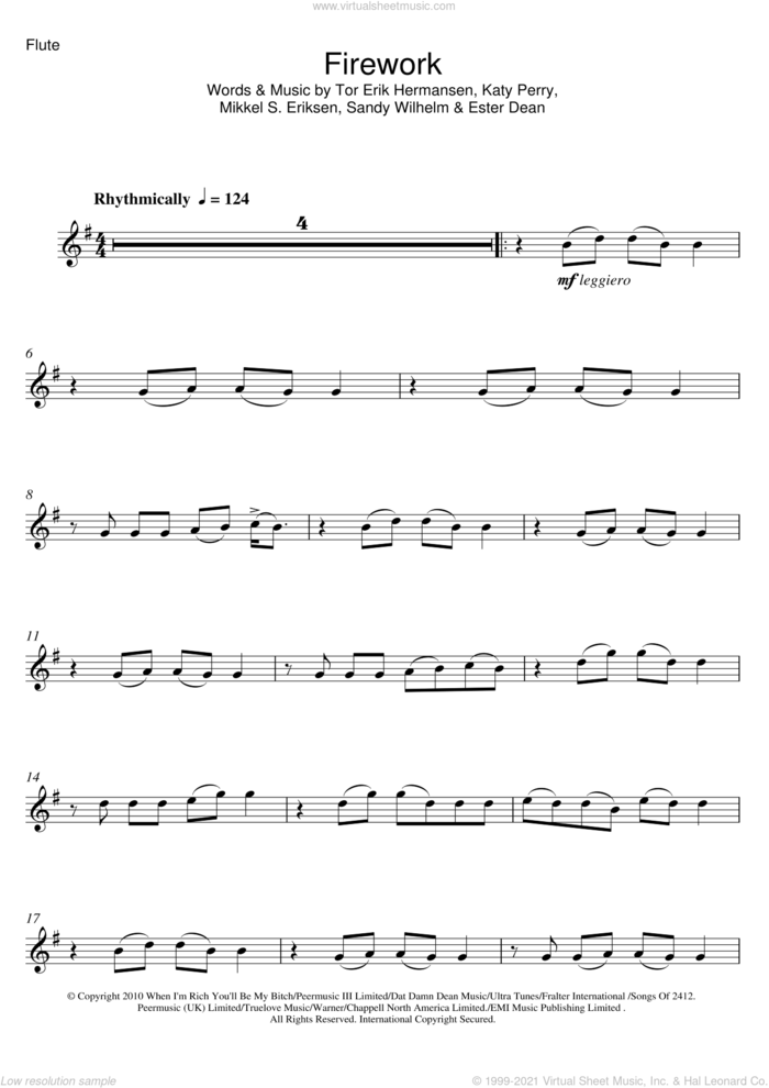 Firework sheet music for flute solo by Katy Perry, Ester Dean, Mikkel S. Eriksen, Sandy Wilhelm and Tor Erik Hermansen, intermediate skill level