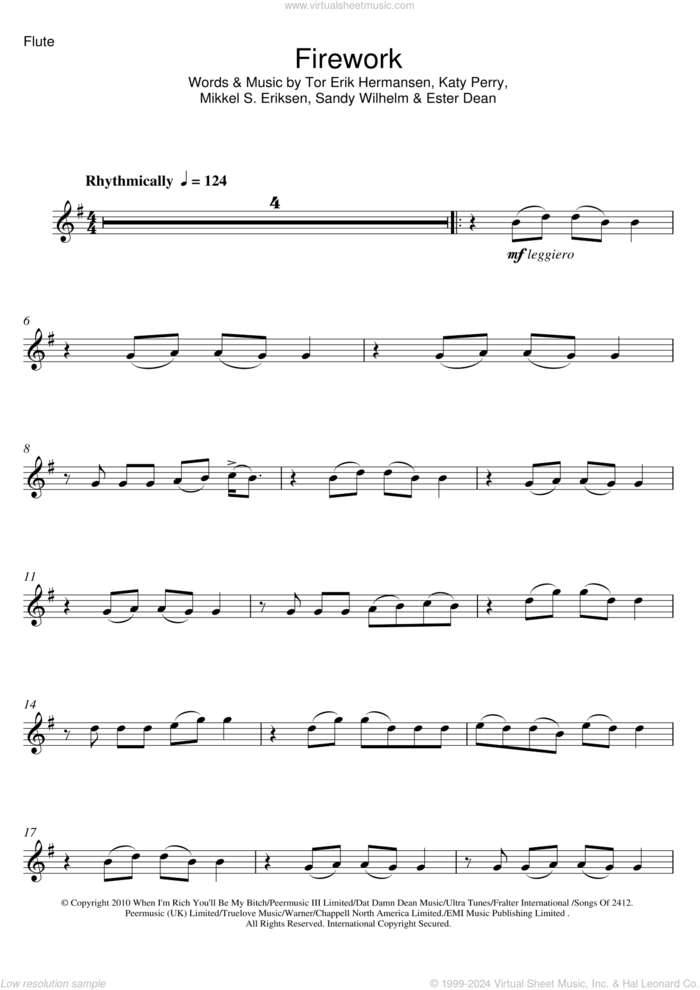 Firework sheet music for flute solo by Katy Perry, Ester Dean, Mikkel S. Eriksen, Sandy Wilhelm and Tor Erik Hermansen, intermediate skill level