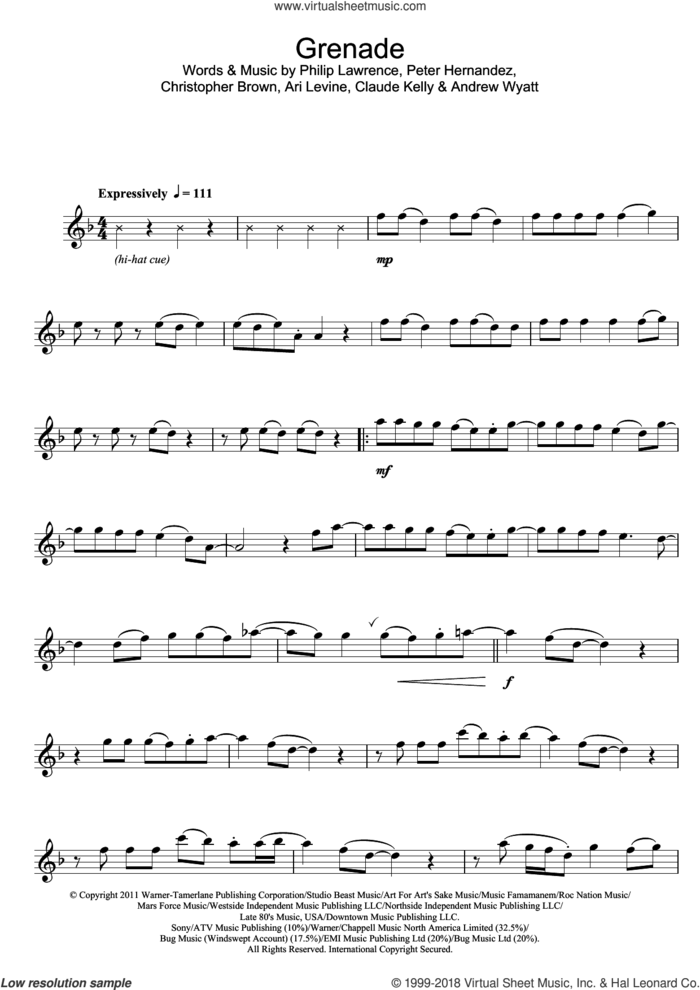 Grenade sheet music for flute solo by Bruno Mars, Andrew Wyatt, Ari Levine, Chris Brown, Claude Kelly, Peter Hernandez and Philip Lawrence, intermediate skill level