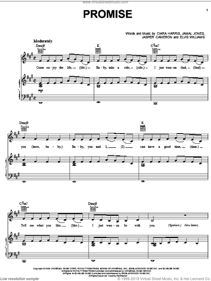 Promise sheet music for voice, piano or guitar by Ciara, Ciara Harris, Elvis Williams, Jamal Jones and Jasper Cameron, intermediate skill level