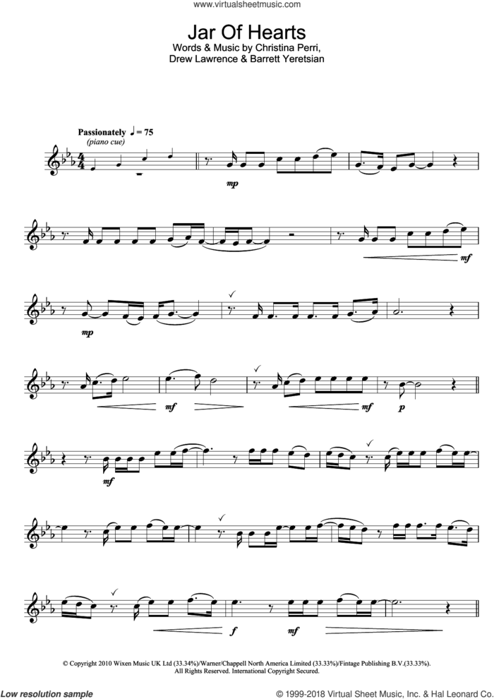 Jar Of Hearts sheet music for flute solo by Christina Perri, Barrett Yeretsian and Drew Lawrence, intermediate skill level
