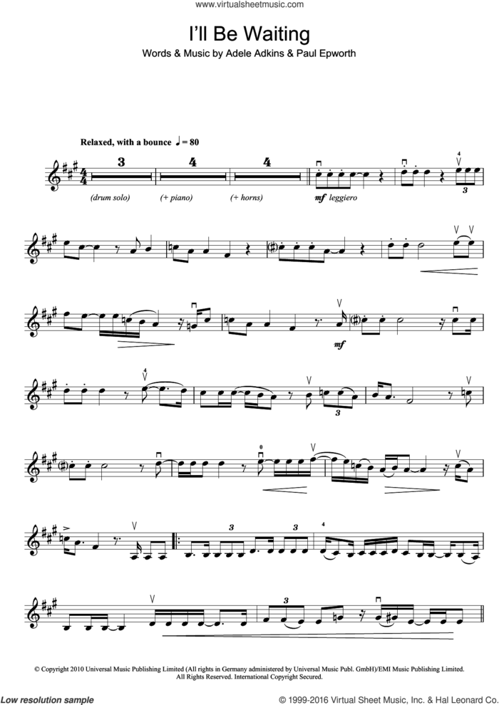 I'll Be Waiting sheet music for violin solo by Adele and Paul Epworth, intermediate skill level