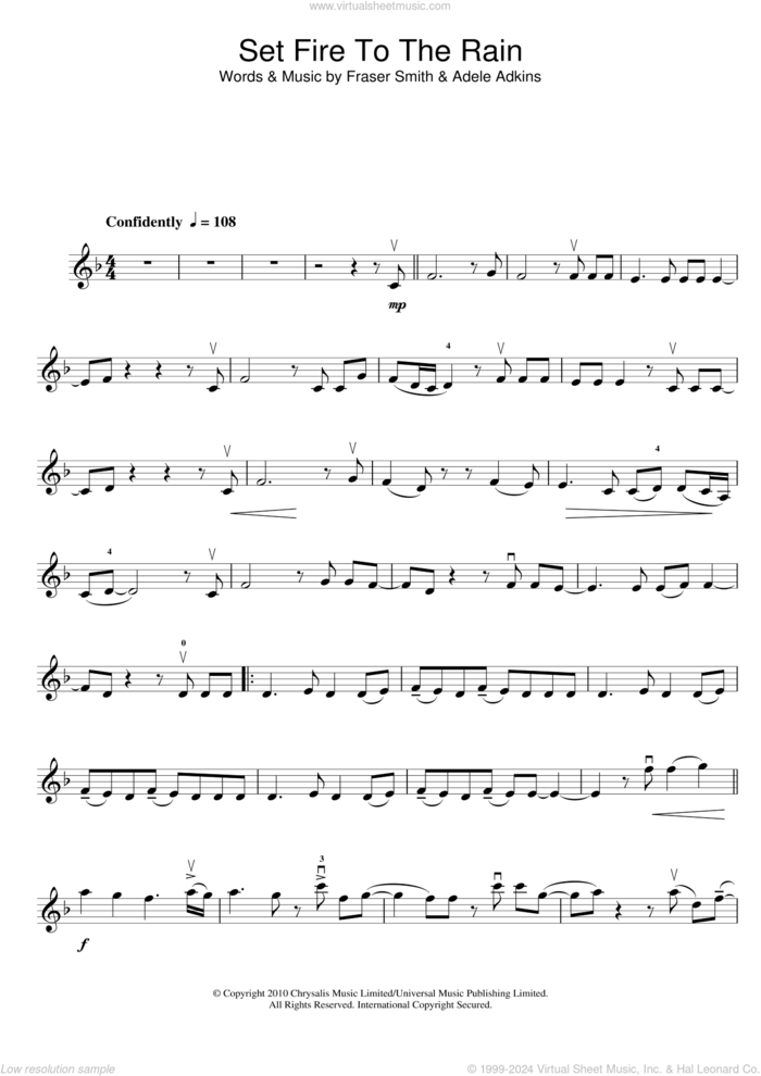 Set Fire To The Rain sheet music for violin solo by Adele and Fraser T. Smith, intermediate skill level