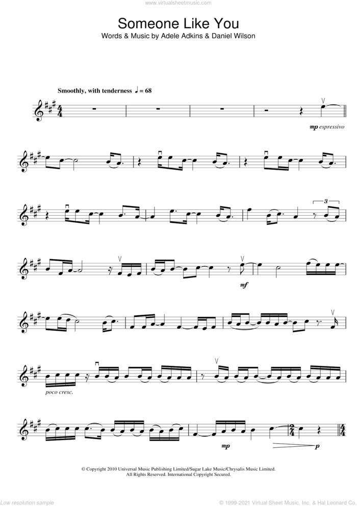 Someone Like You sheet music for violin solo by Adele and Dan Wilson, intermediate skill level
