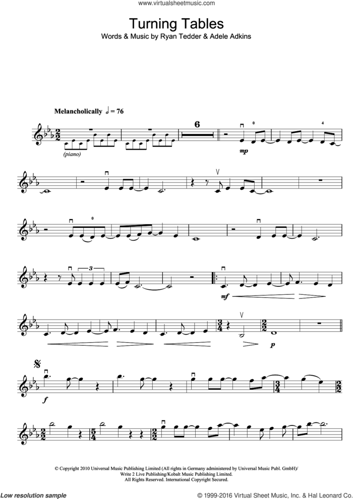 Turning Tables sheet music for violin solo by Adele and Ryan Tedder, intermediate skill level