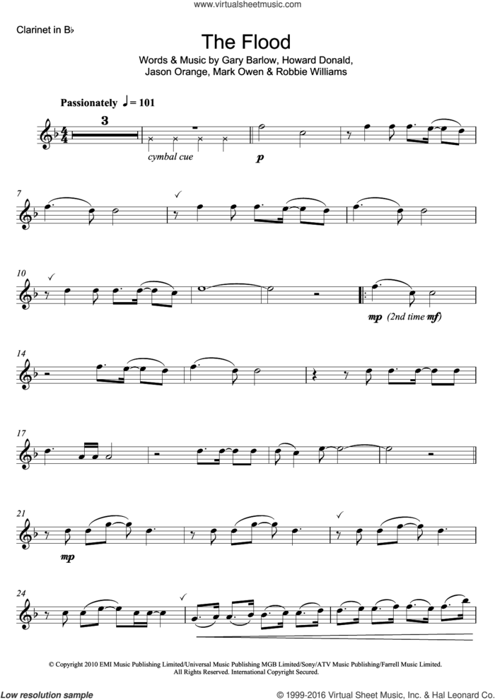 The Flood sheet music for clarinet solo by Take That, Gary Barlow, Howard Donald, Jason Orange, Mark Owen and Robbie Williams, intermediate skill level