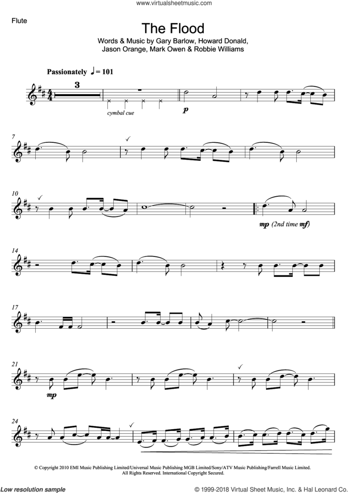 The Flood sheet music for flute solo by Take That, Gary Barlow, Howard Donald, Jason Orange, Mark Owen and Robbie Williams, intermediate skill level