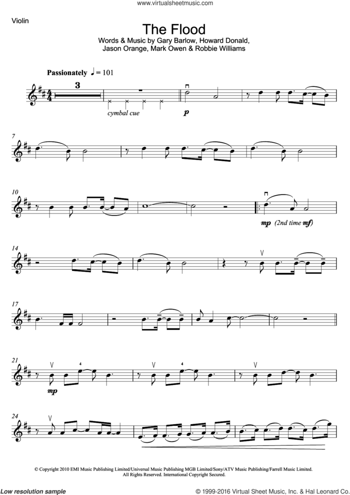 The Flood sheet music for violin solo by Take That, Gary Barlow, Howard Donald, Jason Orange, Mark Owen and Robbie Williams, intermediate skill level