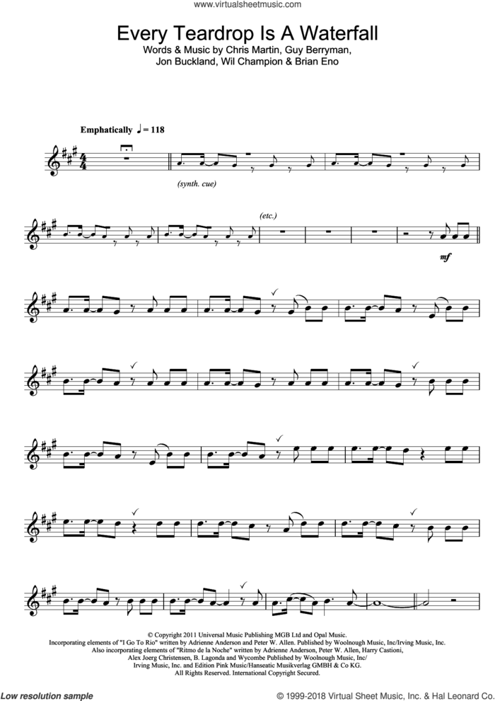 Every Teardrop Is A Waterfall sheet music for flute solo by Coldplay, Adrienne Anderson, Brian Eno, Chris Martin, Guy Berryman, Jonny Buckland, Peter Allen and Will Champion, intermediate skill level