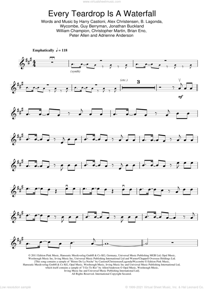 Every Teardrop Is A Waterfall sheet music for violin solo by Coldplay, Adrienne Anderson, Brian Eno, Chris Martin, Guy Berryman, Jonny Buckland, Peter Allen and Will Champion, intermediate skill level
