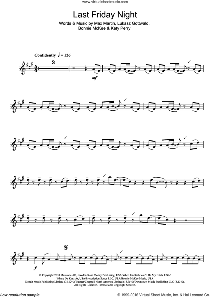 Last Friday Night sheet music for clarinet solo by Katy Perry, Bonnie McKee, Lukasz Gottwald and Max Martin, intermediate skill level