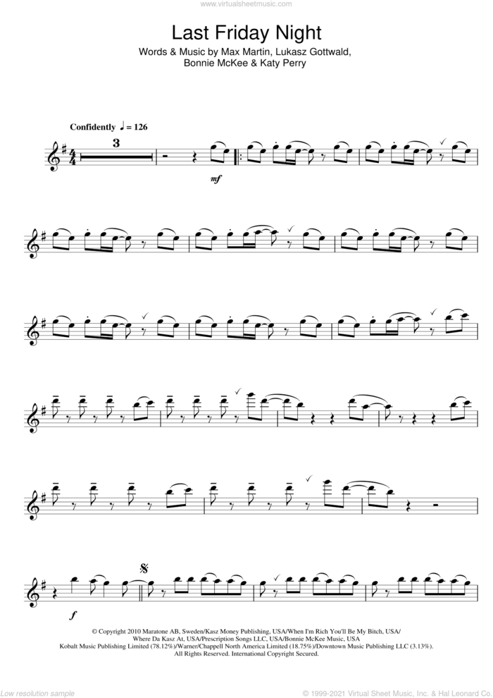 Last Friday Night sheet music for flute solo by Katy Perry, Bonnie McKee, Lukasz Gottwald and Max Martin, intermediate skill level