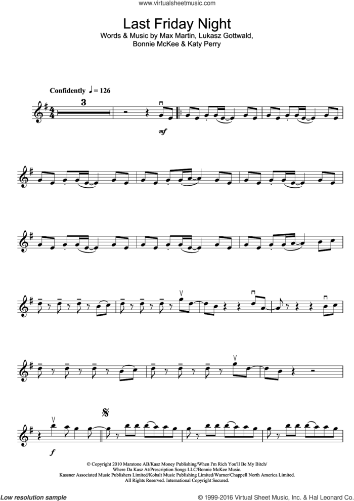 Last Friday Night sheet music for violin solo by Katy Perry, Bonnie McKee, Lukasz Gottwald and Max Martin, intermediate skill level