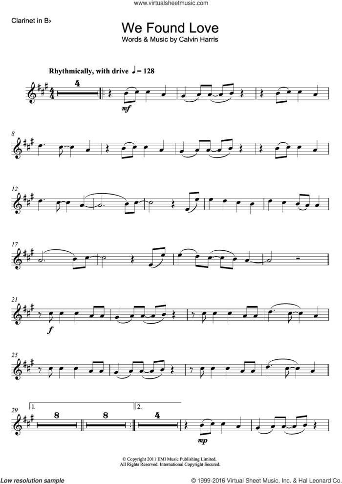 We Found Love (featuring Calvin Harris) sheet music for clarinet solo by Rihanna and Calvin Harris, intermediate skill level