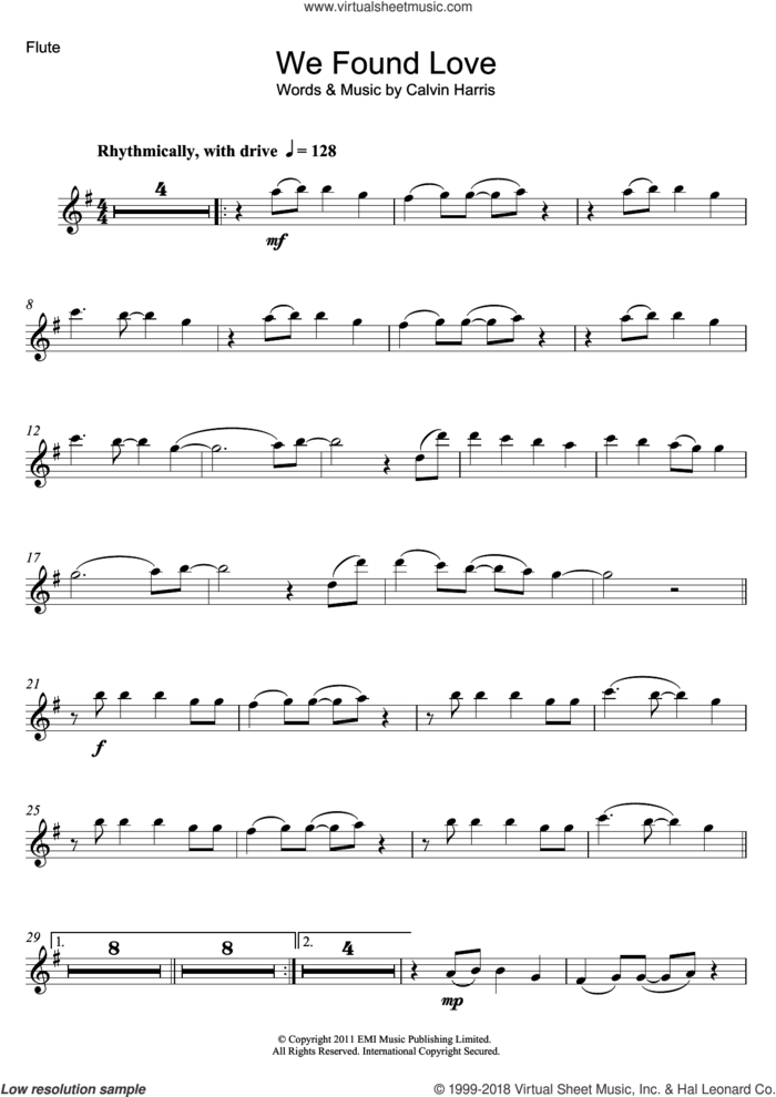 We Found Love (featuring Calvin Harris) sheet music for flute solo by Rihanna and Calvin Harris, intermediate skill level