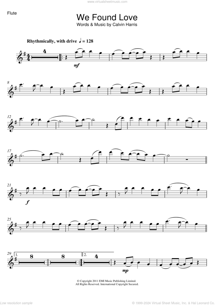 We Found Love (featuring Calvin Harris) sheet music for flute solo by Rihanna and Calvin Harris, intermediate skill level