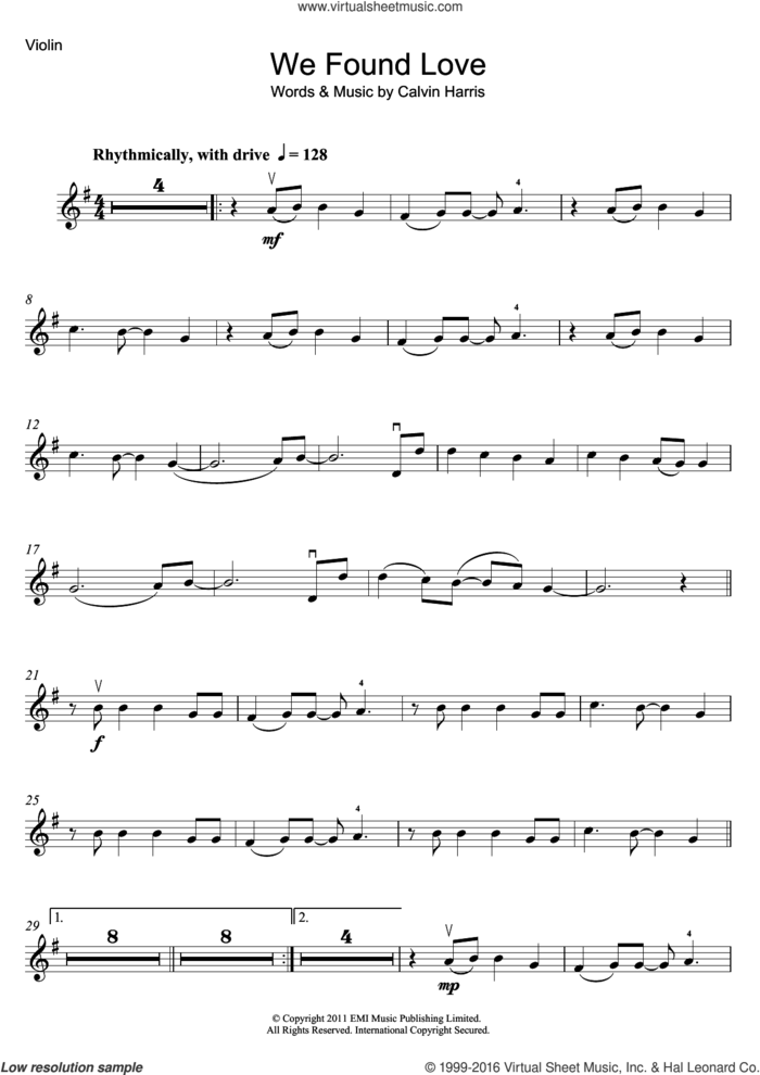We Found Love (featuring Calvin Harris) sheet music for violin solo by Rihanna and Calvin Harris, intermediate skill level