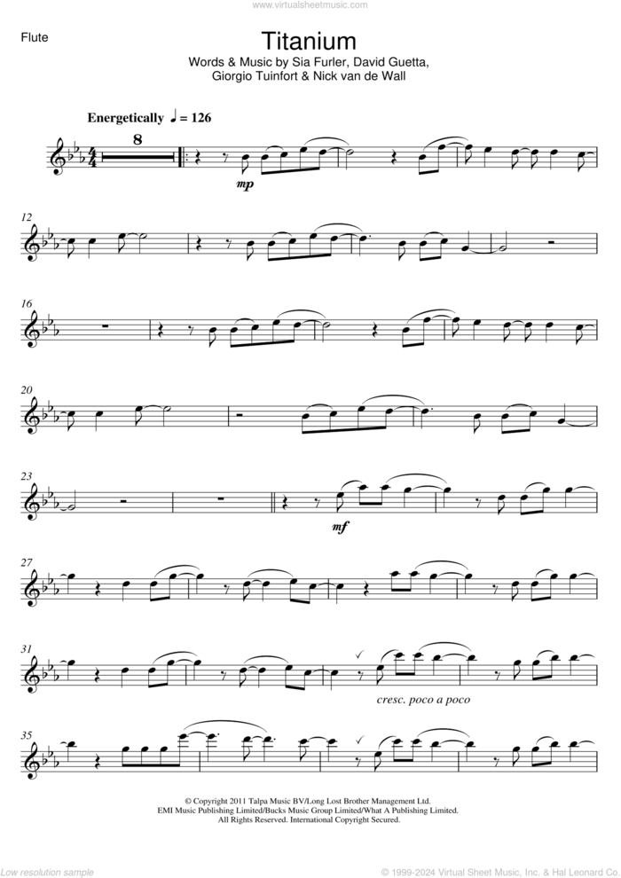 Titanium (featuring Sia) sheet music for flute solo by David Guetta, Sia, Giorgio Tuinfort, Nick van de Wall and Sia Furler, intermediate skill level