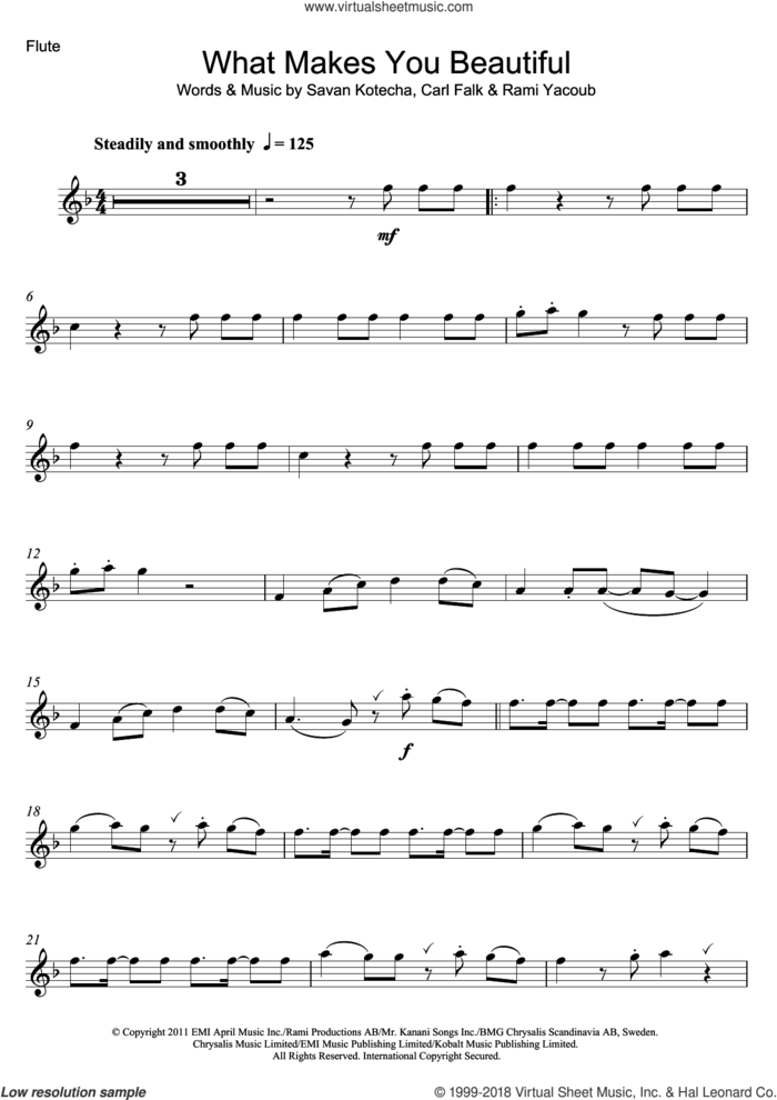 What Makes You Beautiful sheet music for flute solo by One Direction, Carl Falk, Rami and Savan Kotecha, intermediate skill level