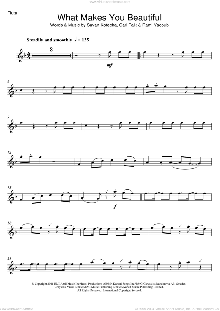 What Makes You Beautiful sheet music for flute solo by One Direction, Carl Falk, Rami and Savan Kotecha, intermediate skill level