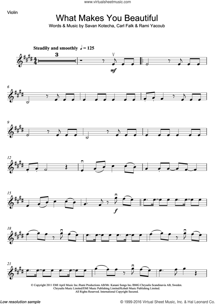 What Makes You Beautiful sheet music for violin solo by One Direction, Carl Falk, Rami and Savan Kotecha, intermediate skill level