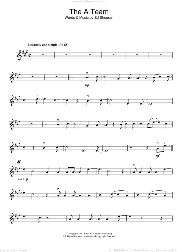 The A Team sheet music for violin solo by Ed Sheeran, intermediate skill level