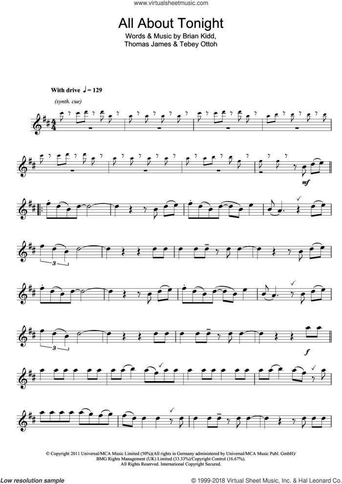 All About Tonight sheet music for flute solo by Pixie Lott, Brian Kidd, Tebey Ottoh and Thomas James, intermediate skill level